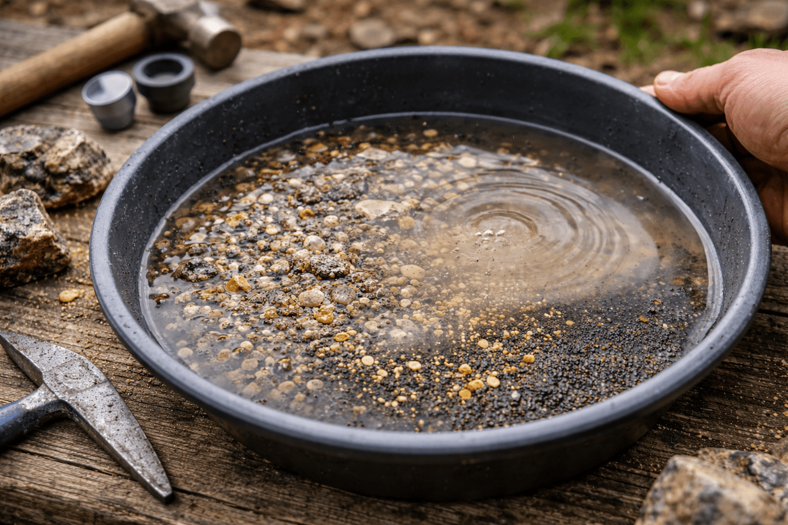 Échantillon de roche concassée dans l'eau montrant la sédimentation des particules lourdes