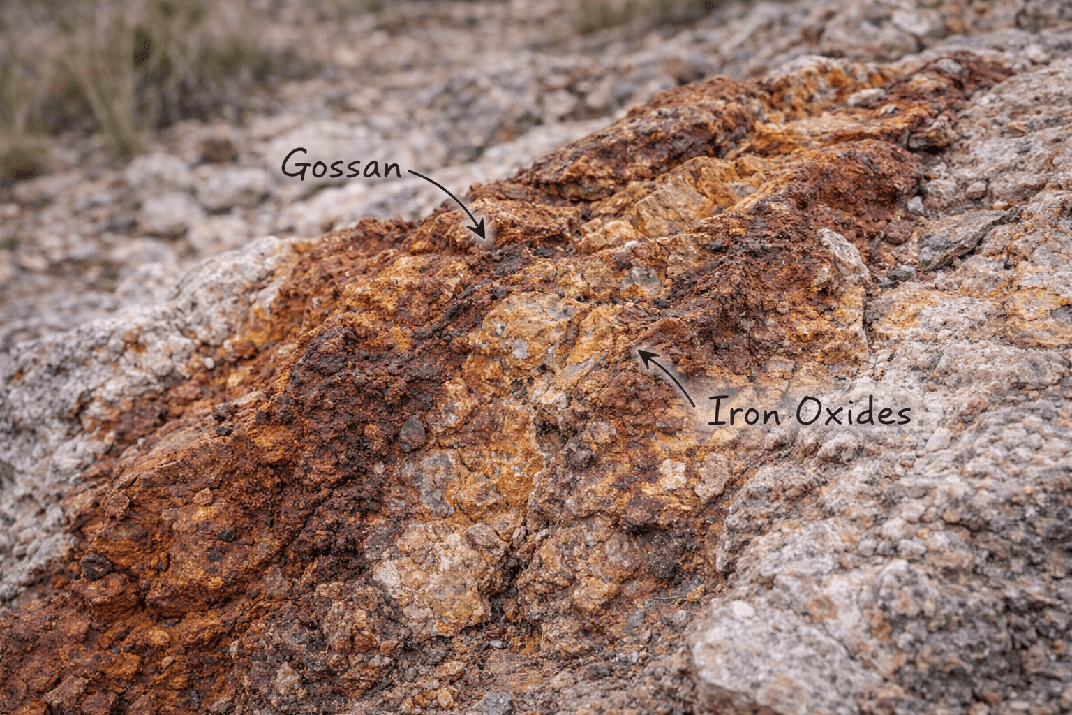 Affleurement jauni par le fer, recouvert de chapeaux de fer rouges et jaunes.