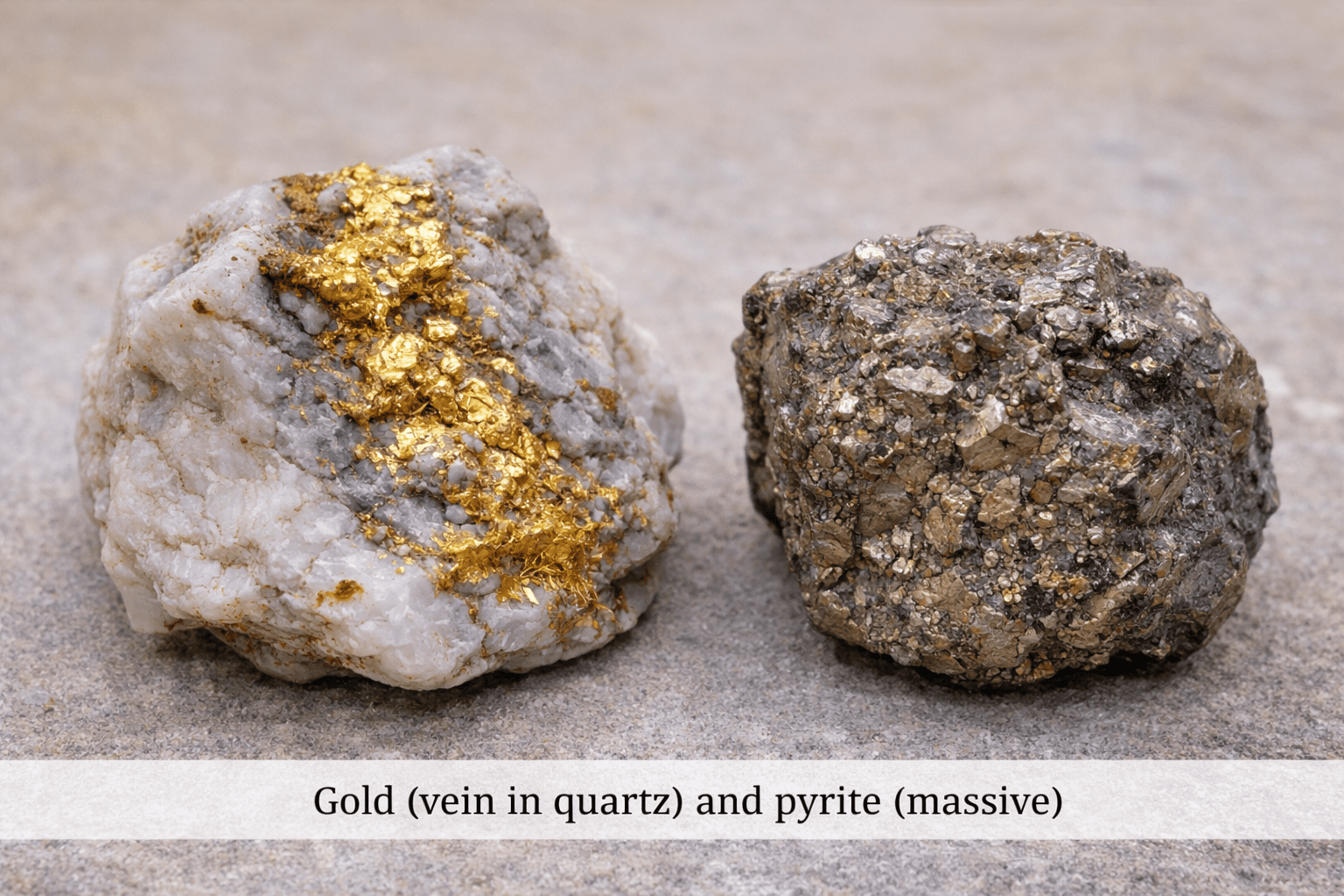 Comparaison côte à côte de l'or véritable et de l'or des fous en main