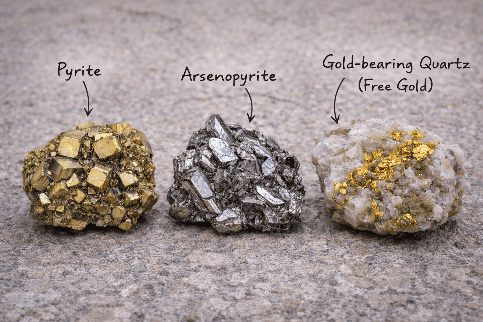 Spécimens de pyrite et d'arsénopyrite associés à l'or