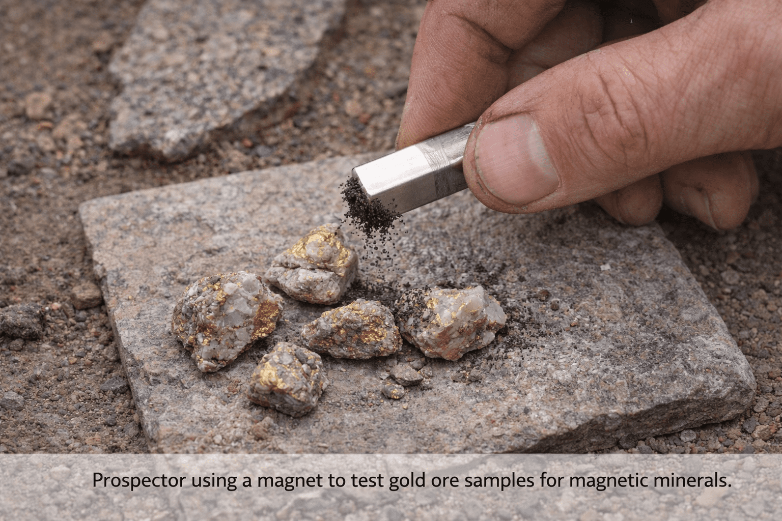 Utilisation d'un aimant pour tester des échantillons de minerai d'or afin d'y détecter des minéraux magnétiques