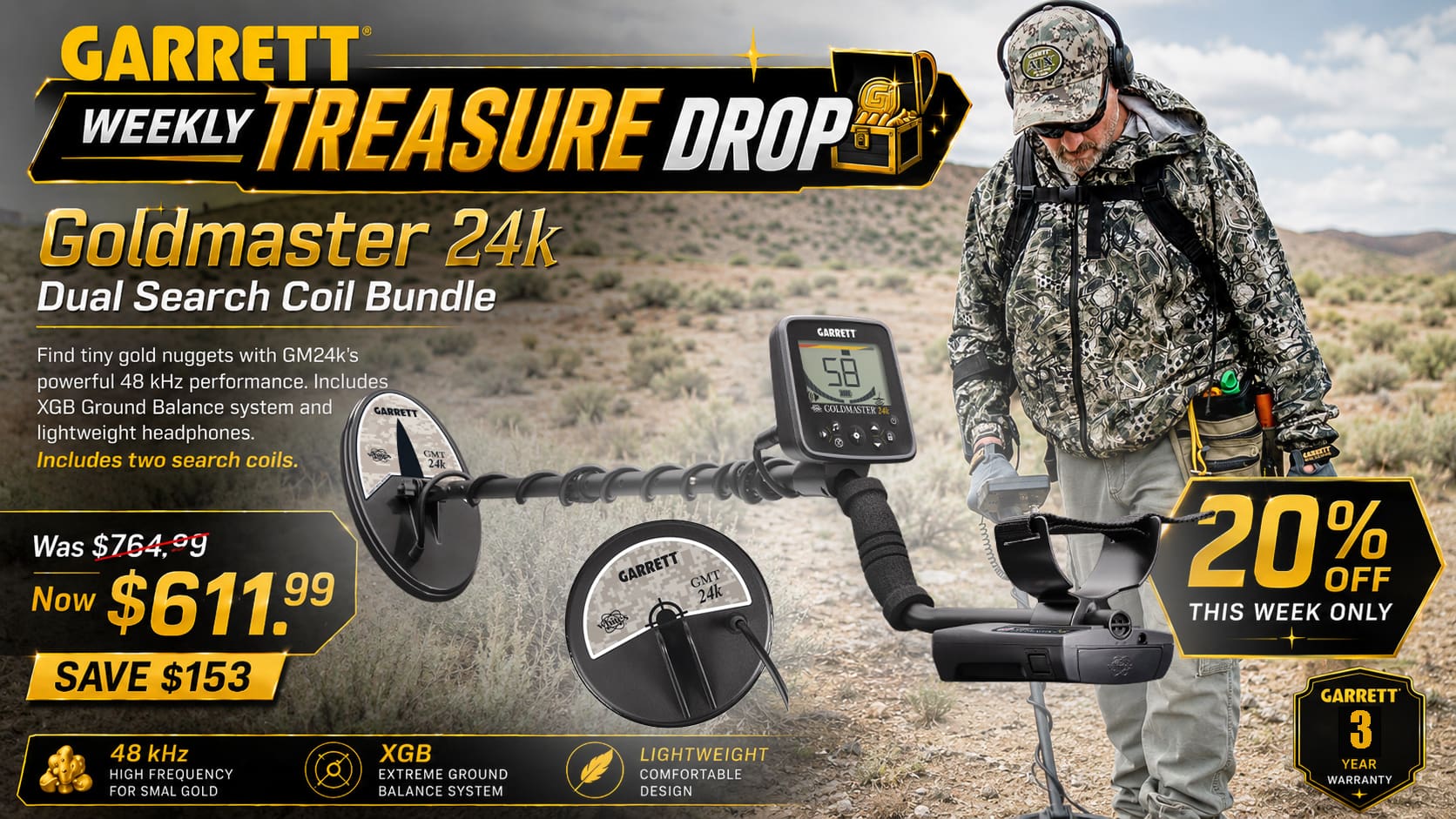 Garrett Weekly Treasure Drop featuring the Garrett Goldmaster 24k Dual Search Coil Bundle at 20% off.
